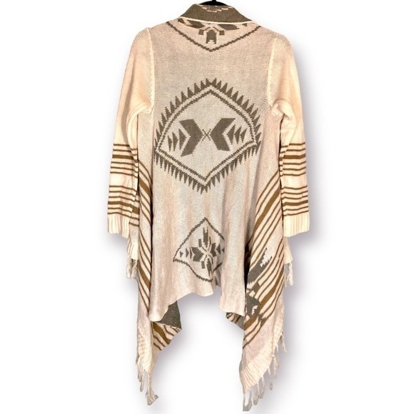 White Gray Tan Aztec Fringe Hem Kimono Size XS - Picture 2 of 4